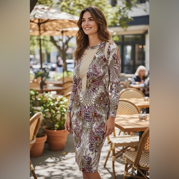 Roberto Cavalli Long Sleeve Sheath Dress Floral Paisley w Cutouts Size 46 US 10
